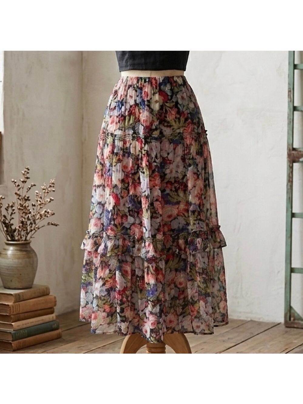 Anthropologie The Marais Floral Chiffon Tiered Maxi Skirt Size S boho cottage